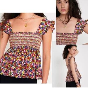 UO Urban Outfitters Charlotte Smocked Ruffle Floral Babydoll Top Size S